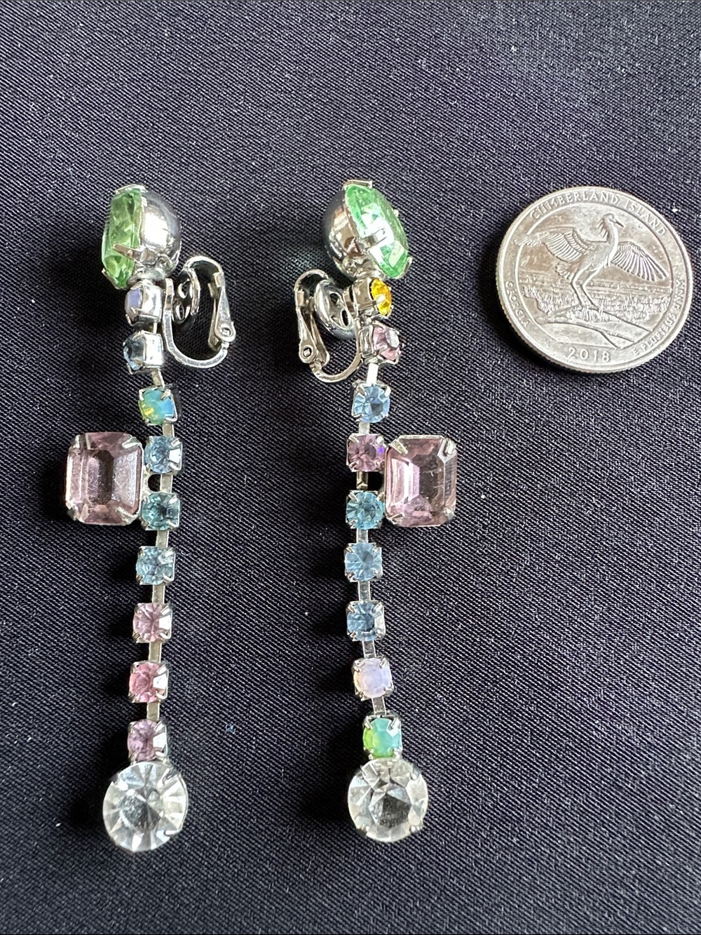 Rhinestone EUC dangle clip on earrings. Lovely faceted, pastel colored stones - Picture 2 of 5